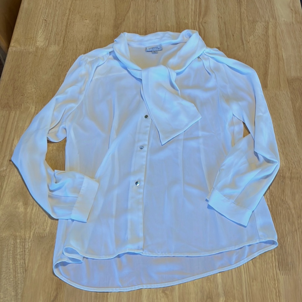 Elegant, silky, drapey long sleeve blouse with silver buttons and bow at neck